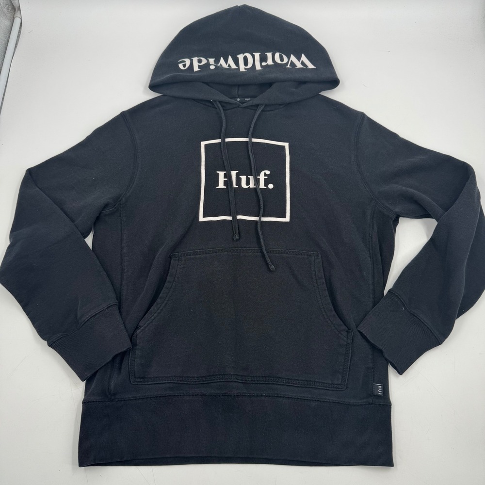 HUF Worldwide Box Logo Hoodie Black‎ Pullover Sweatshirt Men's Size Medium